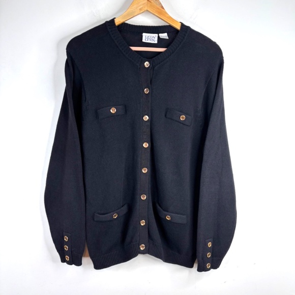 VTG Leon Levin Cardigan L Lady Jacket Cotton Black Gold Button Preppy Old Money - Picture 1 of 9